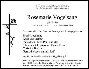 Traueranzeige von Rosemarie Vogelsang von Tageszeitung