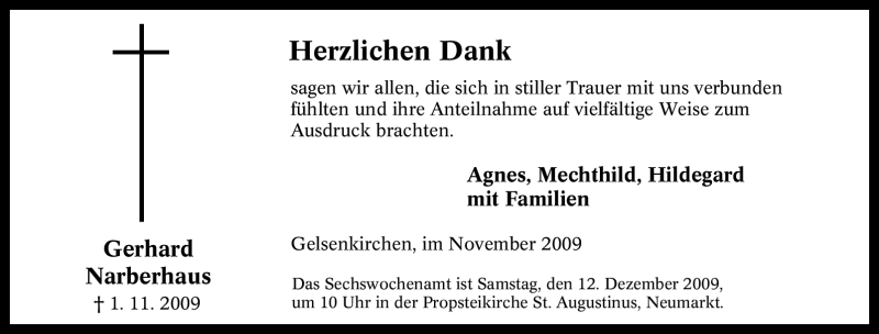  Traueranzeige für Gerhard Narberhaus vom 05.12.2009 aus Tageszeitung