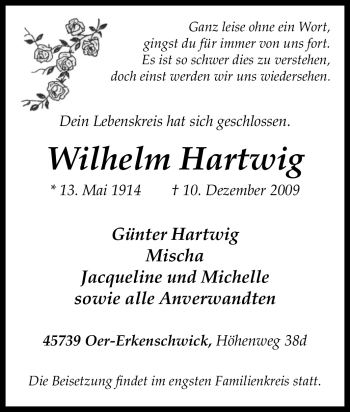 Traueranzeige von Wilhelm Hartwig von Tageszeitung