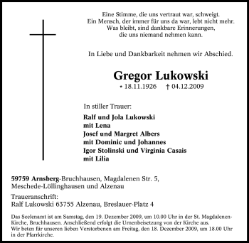 Traueranzeige von Gregor Lukowski von Tageszeitung