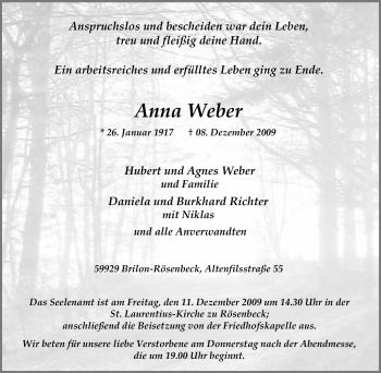Traueranzeige von Anna Weber von WESTDEUTSCHE ALLGEMEINE ZEITUNG