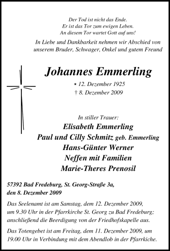 Traueranzeige von Johannes Emmerling von WESTDEUTSCHE ALLGEMEINE ZEITUNG