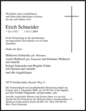 Traueranzeige von Erich Schneider von Tageszeitung