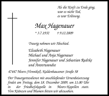 Traueranzeige von Max Hagenauer von Tageszeitung