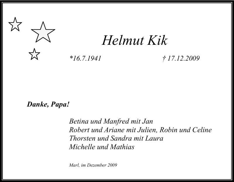  Traueranzeige für Helmut Kik vom 19.12.2009 aus Tageszeitung