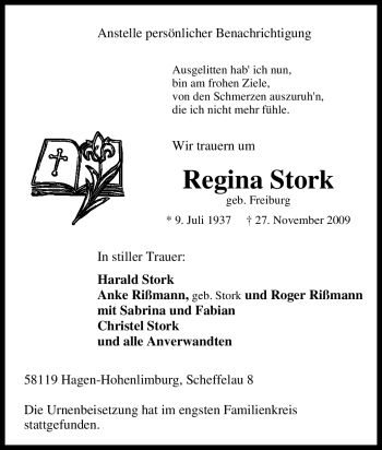 Traueranzeige von Regina Stork von Tageszeitung