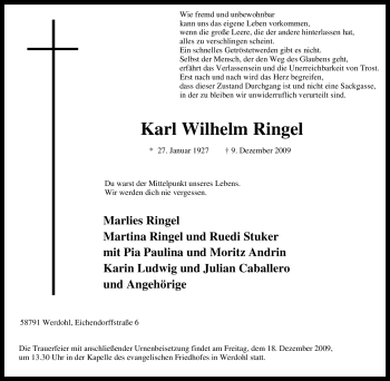 Traueranzeige von Karl Wilhelm Ringel von Tageszeitung