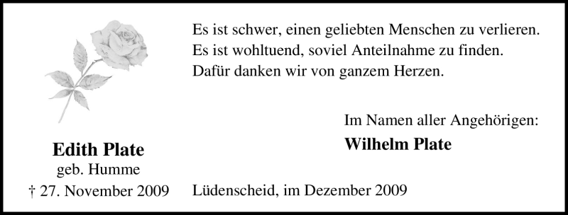  Traueranzeige für Edith Plate vom 30.12.2009 aus Tageszeitung