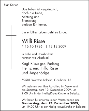 Traueranzeige von Willi Risse von Tageszeitung