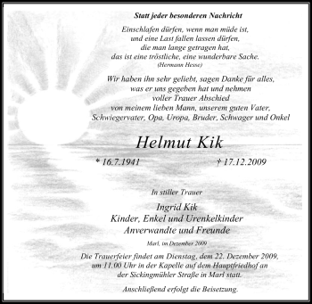 Traueranzeige von Helmut Kik von Tageszeitung