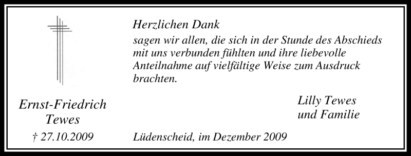  Traueranzeige für Ernst-Friedrich Tewes vom 05.12.2009 aus Tageszeitung