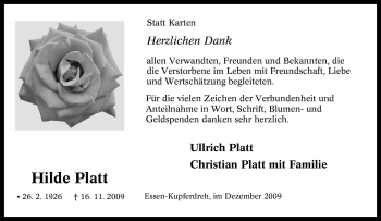 Traueranzeige von Hilde Platt von Tageszeitung
