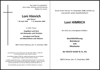 Traueranzeige von Loni Himrich von Tageszeitung