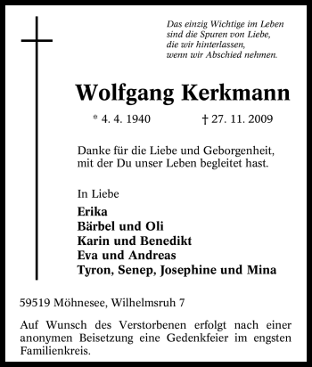 Traueranzeige von Wolfgang Kerkmann von Tageszeitung