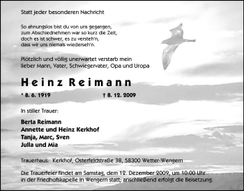 Traueranzeige von Heinz Reimann von WESTDEUTSCHE ALLGEMEINE ZEITUNG