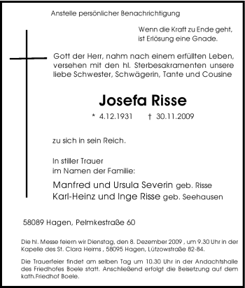 Traueranzeige von Josefa Risse von Tageszeitung
