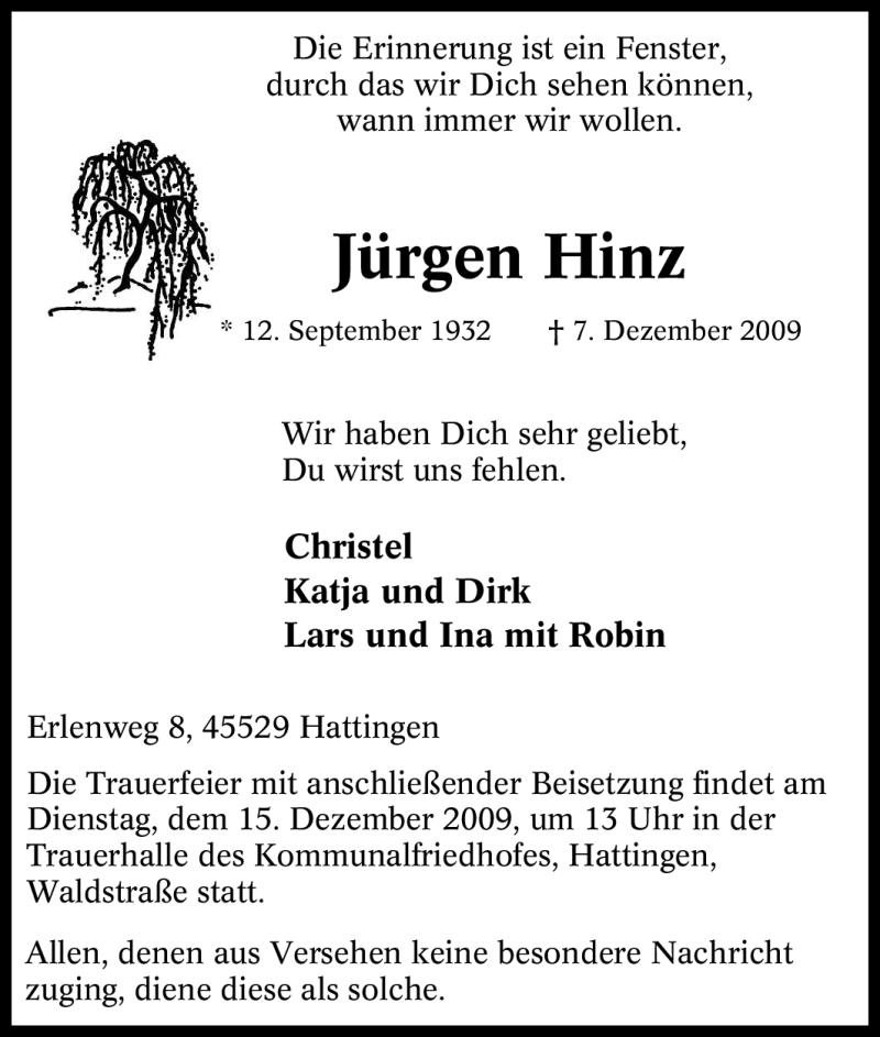  Traueranzeige für Jürgen Hinz vom 11.12.2009 aus Tageszeitung