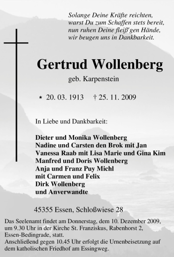 Traueranzeige von Gertrud Wollenberg von Tageszeitung