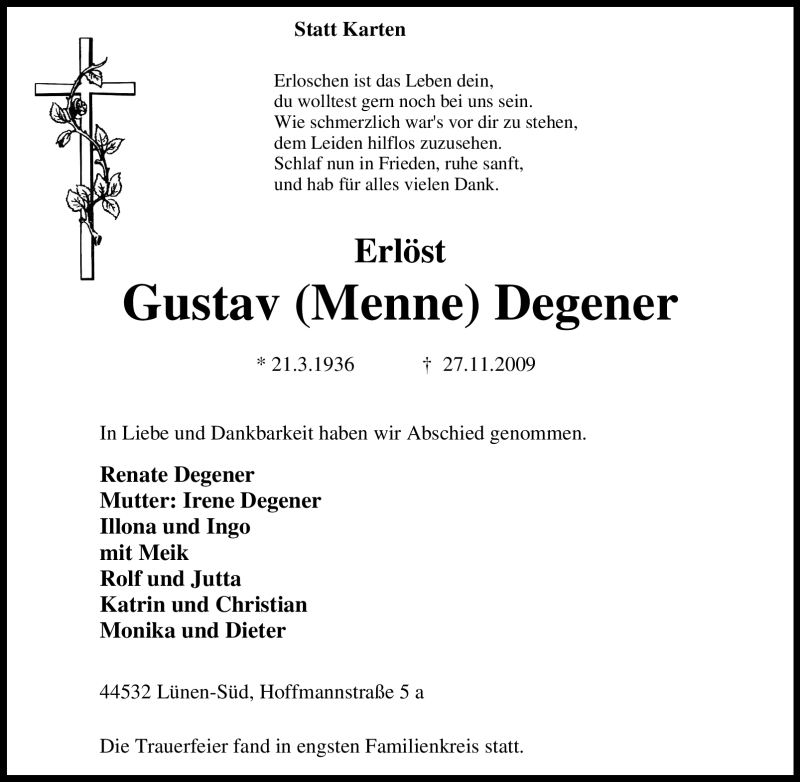  Traueranzeige für Gustav Degener vom 04.12.2009 aus Tageszeitung