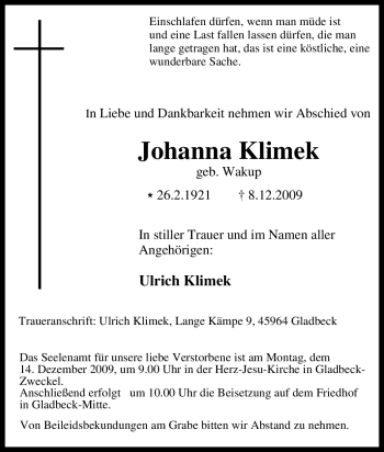 Traueranzeige von Johanna Klimek von WESTDEUTSCHE ALLGEMEINE ZEITUNG
