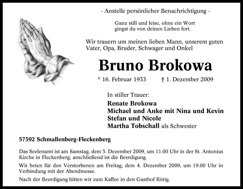  Traueranzeige für Bruno Brokowa vom 03.12.2009 aus Tageszeitung