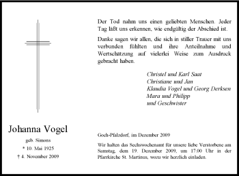 Traueranzeige von Johanna Vogel von Tageszeitung