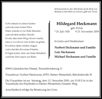 Traueranzeige von Hildegard Heckmann von Tageszeitung
