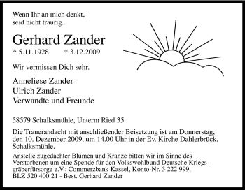 Traueranzeige von Gerhard Zander von Tageszeitung