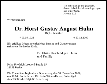 Traueranzeige von Horst Gustav August Huhn von Tageszeitung