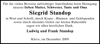 Traueranzeige von Siegrid Standop von Tageszeitung