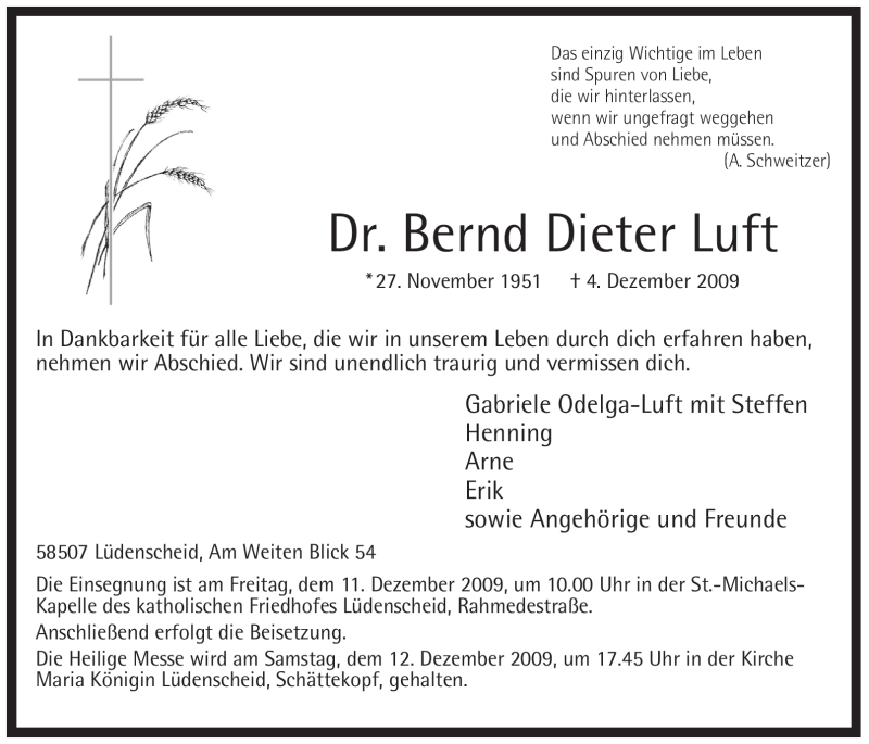  Traueranzeige für Bernd Dieter Luft vom 08.12.2009 aus Tageszeitung