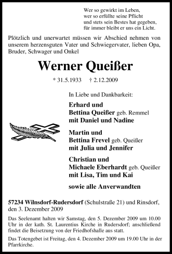 Traueranzeige von Werner Queißer von Tageszeitung