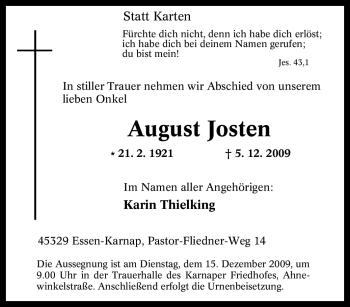 Traueranzeige von August Josten von Tageszeitung