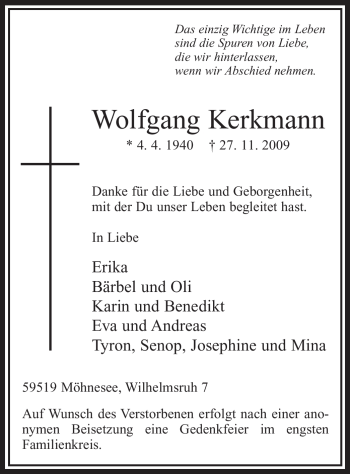 Traueranzeige von Wolfgang Kerkmann von Tageszeitung