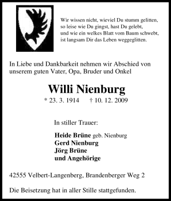 Traueranzeige von Willi Nienburg von Tageszeitung