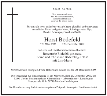 Traueranzeige von Horst Bödefeld von Tageszeitung