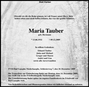 Traueranzeige von Maria Tauber von Tageszeitung