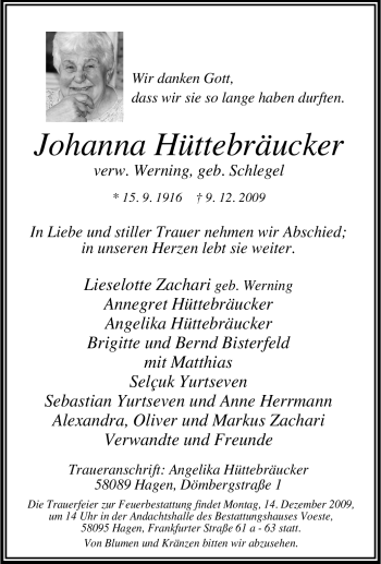 Traueranzeige von Johanna Hüttebräucker von Tageszeitung