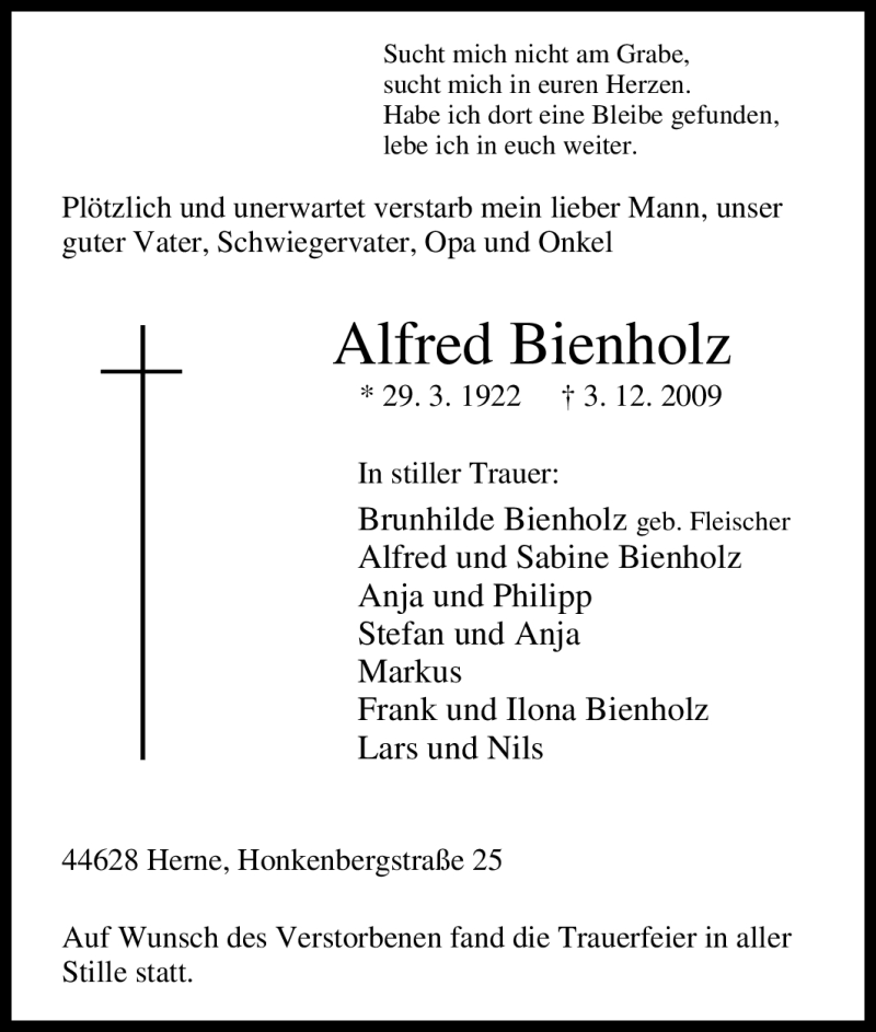  Traueranzeige für Alfred Bienholz vom 10.12.2009 aus Tageszeitung