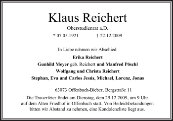 Traueranzeige von Klaus Reichert von Tageszeitung
