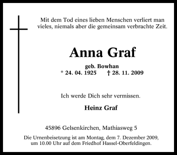 Traueranzeige von Anna Graf von Tageszeitung