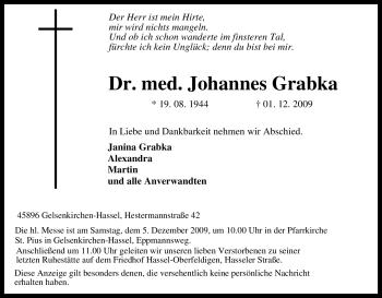 Traueranzeige von Johannes Grabka von Tageszeitung