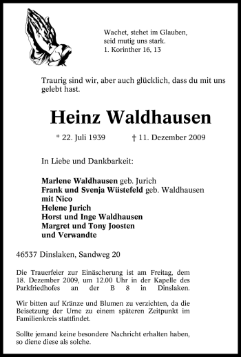 Traueranzeige von Heinz Waldhausen von Tageszeitung