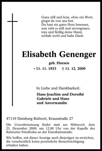 Traueranzeige von Elisabeth Genenger von Tageszeitung