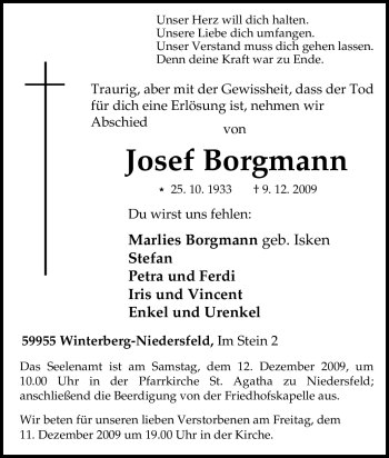 Traueranzeige von Josef Borgmann von Tageszeitung