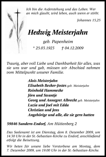 Traueranzeige von Hedwig Meisterjahn von Tageszeitung