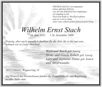 Traueranzeige von Wilhelm Ernst Stach von Tageszeitung