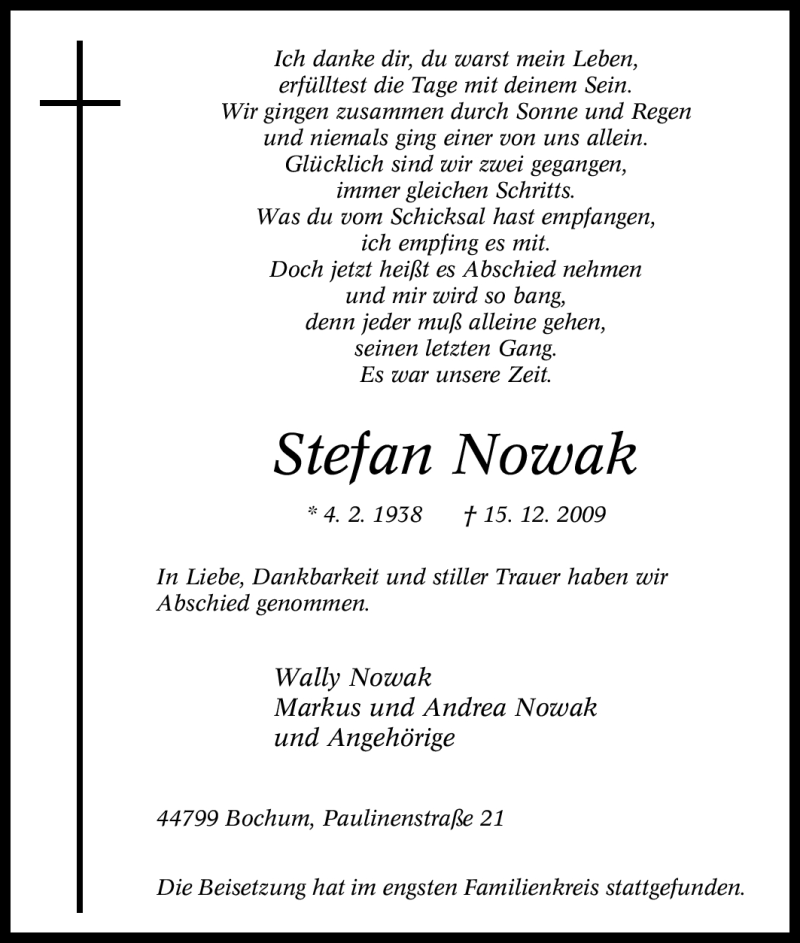  Traueranzeige für Stefan Nowak vom 19.12.2009 aus Tageszeitung