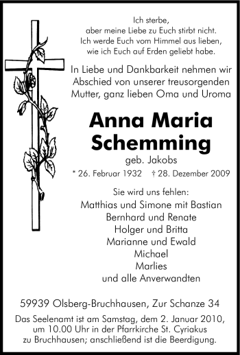 Traueranzeige von Anna Maria Schemming von Tageszeitung