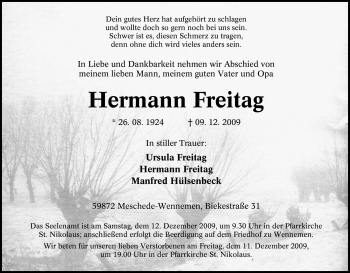 Traueranzeige von Hermann Freitag von Tageszeitung